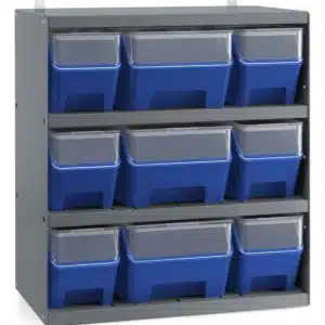 מדף אחסון FAMI RKBOX3054 בצבע אפור – כולל 9 קופסאות, מסילות, מכסים ופאנלים קדמיים