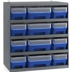 מדף אחסון FAMI RKBOX3060 בצבע אפור – כולל 12 קופסאות, מסילות, מכסים ופאנלים קדמיים