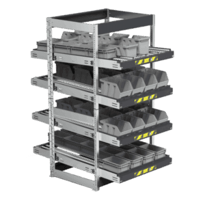 מדפי FIFO עם גלילים System ST – מערכת אחסון Kanban דינמית עם שיפוע מתכוונן וגלגלים