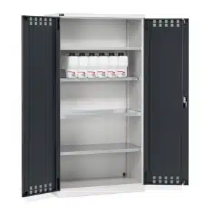 ארון בטיחות Perfom Cabinet לאחסון שמנים ונוזלים עם מדפים מחוררים ומכל איסוף נזילות