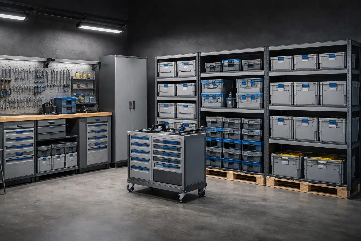 LINEA 391 FAMI מערכת אחסון מודולרית לסדנה עם מדפים קונטיינרים ועגלת עבודה