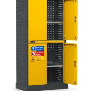 ארון לחומרים דליקים Linea 391 דגם 391A01 עם אמבט איסוף 62 ליטר, 4 דלתות ומדפים מתכווננים לאחסון בטוח.