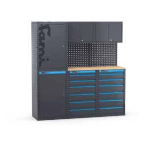 סט הריהוט Linea 391 דגם 391G01 הוא פתרון מקצועי ומודולרי לסדנאות, מוסכים ומפעלים. המערכת כוללת ארונות, מגירות ומשטח עבודה מעץ בוק, לצד לוחות תלייה לכלי עבודה וארונות עליונים לאחסון נוסף.