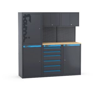 ריהוט לסדנה Linea 391 דגם 391G11 עם ארונות, מגירות, לוחות תלייה ומשטח עבודה מקצועי.