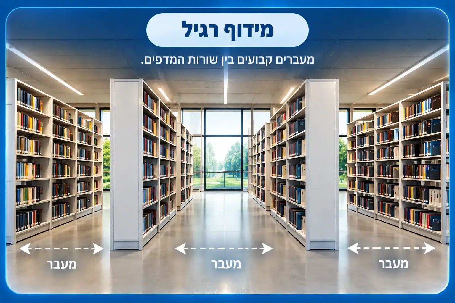 ספרייה עם מידוף רגיל ומעברים קבועים